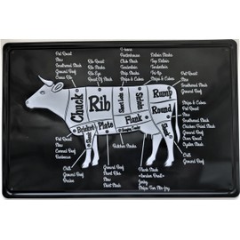 Retro Metal BBQ Wall Sign Tin Vintage Cow Cuts Beef Kitchen Dad Gift Butcher