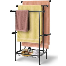 Haturi Free Standing Towel Rack for Bathroom, 3-Tier 39" H Black Metal Towel Drying Rack with Storage Basket, 24.4" L x 13" W x 39" H Rust-Resistant Outdoor Holder for Pool & Oversized Towels