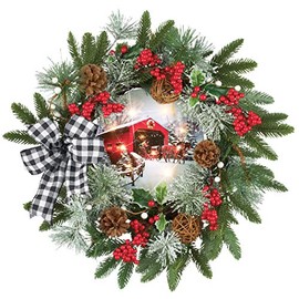 Collections Etc Lighted Covered Bridge Wreath with Checkered Bow - Holiday Decoration for Any Room