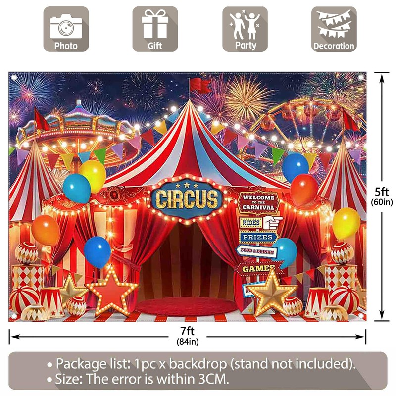 ZTHMOE Fabric 7x5ft Red Circus Carnival Photography Backdrop Halloween Curtain