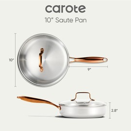 CAROTE 10" Classic Stainless Steel Deep Frying Pan with Lid, 5.5 Qt Saute Pan with Pour Spout, Skillet Induction Cookware