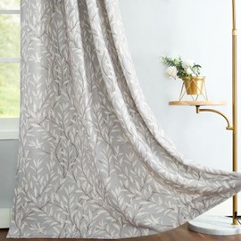 VOGOL Leaves Pattern Curtains for Bedroom, Grey Botanical Printed Design, Light Filtering Faux Linen Textured Drapes for Dinging Room Living Room, 52×63, 1 Panel