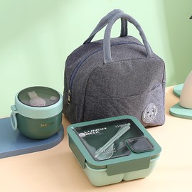 Bento Box for Adults and Kids, 1100ML Bento Boxes Set with Insulated Bag, Cutlery, Soup Cup, Durable Leakproof Lunch Box with Compartments, Food Storage Box for Men Women Student School Office, Green