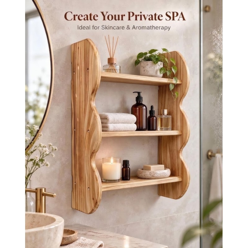 100% Solid Wood 3-Tier Wall Shelf, Rustic Pine, Caramel Finish