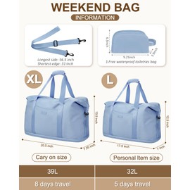 Expandable Travel Duffle Bag, Waterproof Weekender Overnight Bags for Women Men Hospital Bag for Women Labor Delivery Carry on Bag with Toiletry Bag for Travel Gym Airplanes(Light Blue, Large)