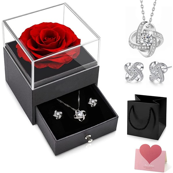 Preserved Real Rose Gifts for Her，Handmade Eternal Real Rose Flower Gifts Box with Necklaces and Earrings,Romantic Gifts for Women,Mum on Birthday,Anniversary,Mothers Day,Valentines Day,Christmas