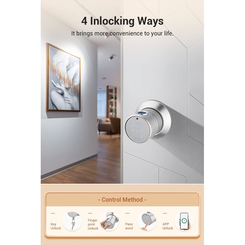 Big Fingerprint Smart Door Knob, Keyless Entry Door Lock with
