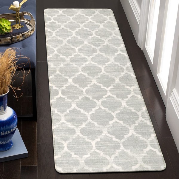 Lahome Moroccan Washable Runner Rug, 2'x6' Non Slip Grey Hallway Runner Rug, Laundry Throw Rugs and Mats for Laundry Room, Washable Runner Rugs for Kitchen Laundry Room Hallway Entryway Area Rugs