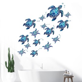 Pack of 15 Wall Stickers Bathroom Tile Stickers Sea Turtle Vinyl Wall Stickers, Blue Underwater Turtle Under the Sea, Waterproof Turtle Bubble Stickers Bathroom, Bedroom
