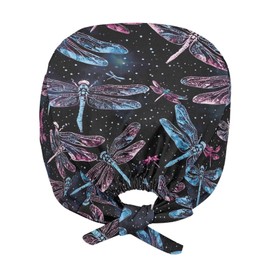 Biyejit Draonfly Pattern Working Cap with Buttons, Unisex Bouffant Working Hat with Adjustable Sweatband