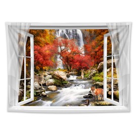 HVEST Autumn Fairy Forest Waterfall Scenery Tapestry Window Forest Animals Rabbit Deer Fox Hippie Wall Hanging Tapestry for Bedroom Bedside Living Room Party Dorm Art Decor,60Wx40H inches