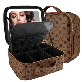 MOMIRA Travel Makeup Bag Cosmetic Bag Makeup Organizer Bag with Large Lighted Mirror 3 Color Scenarios Adjustable Brightness(Love Pattern Light Brown)