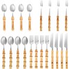 20Pcs Bamboo Silverware Set, Stainless Steel Spoon Fork and Cutter