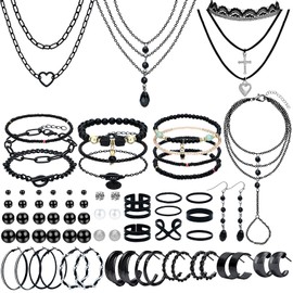 NEWITIN 76 Pieces Black Jewelry Set for Women Fashion Costume Jewelry Black Cool Necklace Bracelet Ring Earrings Set for Women