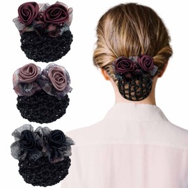 3 Pcs Flower Hair Bun Holder Covers Hair Net Snood Pocket Hair Clip with Barrette Ribbon Mesh Hairnet Hair Accessories for Women