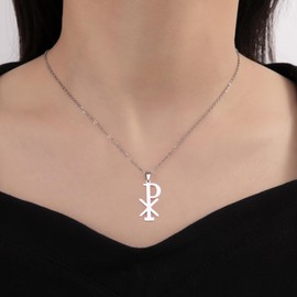 EUEAVAN Chi Rho Christogram Symbol Necklace Alpha Omega Symbol Necklace IXCI NIKA Jesus Christ Name Pendant Sacramental Christian Amulet Religious Jewelry Gift Women Men (A-silver)