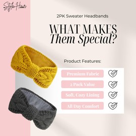 Styla Hair Ear Muffs Knit Headbands - Warm Soft Thick Fleece Lined Winter Ear Warmers for Women, 2pk (Yellow Grey)