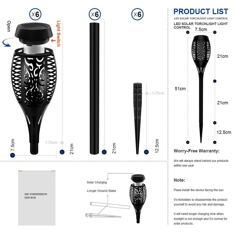 Solar Torch Light with Flickering Flame, 6 Pack Torches Solar