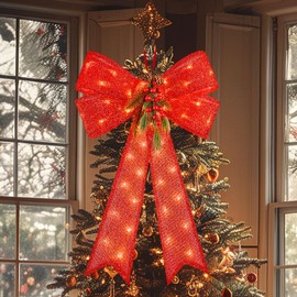 Red Christmas Bows with 45LED Lights, 24''x16'' Christmas Bows for Wreath, Christmas Bows Outdoor with Realistic Red Berries Pine Cone Needles for Front Door Wreath Home