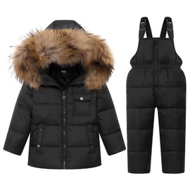 JiAmy Kids 2-Piece Snowsuit Winter Puffer Jacket and Snow Pants Ultralight Skisuit Set Black,110/3-4 Years