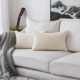 Home Brilliant Solid Striped Velvet Oblong Throw Pillow Covers for Couch Chair Baby Toddler Nap, 12 x 20, 2 Pack, Cream Cheese