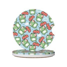 Car Coaster for Cup Holders,Kawaii Frog Coaster 2PCS Absorbent Ceramic Durable Coaster for Drinks, Cute Car Assecories for Women Men, Universal Size 2.56" with Finger Notch & Cork Base