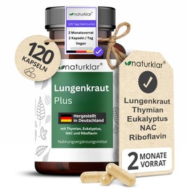 Lungwort Capsules - 5 Compartments Combination with Eucalyptus and NAC Acetyl-Cysteine - Vegan - 120 Lungwort & Thyme Capsules High Dose Naturklar