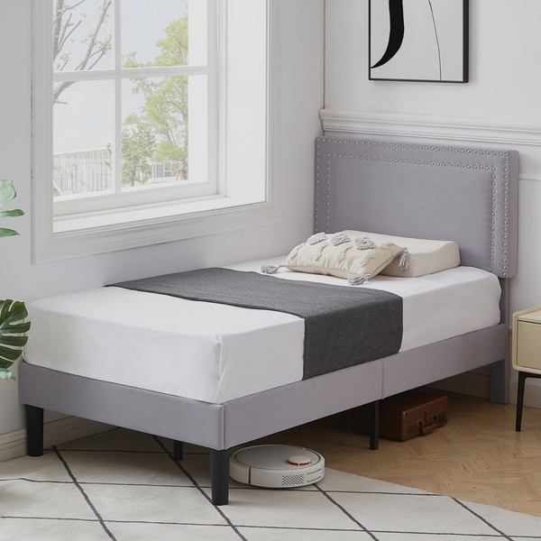 VECELO Twin Size Platform Bed Frame with Adjustable Upholstered Headboard,