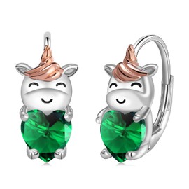 Unicorn Earrings for Girls 925 Sterling Silver Birthstone Earrings Cute Animal Earrings Hypoallergenic Hoop Earrings Unicorn Birthday Jewellery Gifts for Women Daughter, Silver