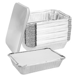 LOPYXBR Pack of 100 Aluminium Trays Grill Small, Aluminium Bowls with Lids 800 ml, 21 x 14 x 5 cm Aluminium Grill Trays, Grill Trays, Aluminium Disposable for Baking, Roasting, Cooking, Grilling,