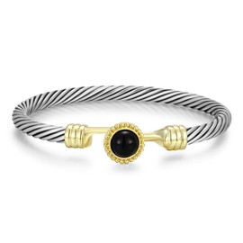 Wiilkac Cuff Bracelets for Women Two Tone - Cable Bangle Bracelet Twisted Silver Wire - Gold Agate Vintage Mixed Metal Cuff Bracelets Jewelry Gift (Black)
