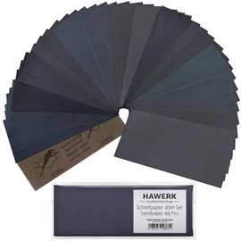 HAWERK Professional Sandpaper 45Pcs. Kit - 80-3000 Grit - Tear Resistant Sand Paper Sheets for Wood, Plastic, Metal and Other Types of Surfaces