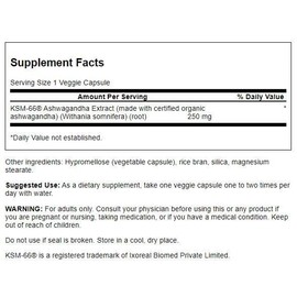 Swanson Swanson Ultimate Ashwagandha KSM-66 - Herbal Supplement Supporting Healthy Stress Levels & Relaxation - Natural Formula to Promote a Calm & Relaxed Mindset - (60 Veggie Capsules, 250mg Each)