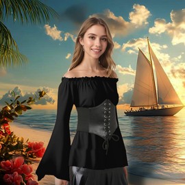rumnigh Women's Pirate Costumes Blouse Top Corset Waist Belt, Renaissance Medieval Top Costume, Off Shoulder Pirate Shirt (Black, Small)