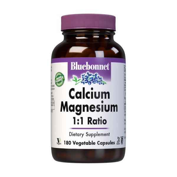 BlueBonnet Calcium Magnesium 1:1 Ratio Vegetarian Capsules, 180 Count, White