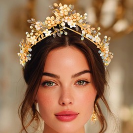 JAKAWIN Flower Bride Wedding Queen Crown and Tiara Gold Crystal Rhinestone Headpiece Leaf Goddess Bridal Costume Crowns for Women