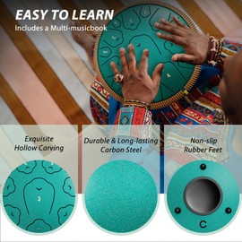 Steel Tongue Drum, 13 Inch 15 Notes Tongue Drums, C Major Drum Percussion Instruments, Handpan Drums with Music Book, Drum Mallets and Carry Bag (Malachite Green)