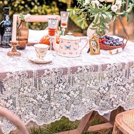 French Embroidery Lace Tablecloth - Round/Rectangular/Square Options for Coffee Tables, Vintage White Lace Table Cover for Kitchen, Dining Room, Party, Banquet, Wedding, Picnic, Home Decor（53*53in）