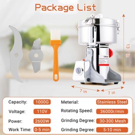 BI-DTOOL Electric Grain Mill Grinder 1000g Stainless Steel Pulverizer 36000r/min High-speed Grain Mill 2600W Dry Material Grinding Machine 270° swingable Superfine powder for Home and Commercial