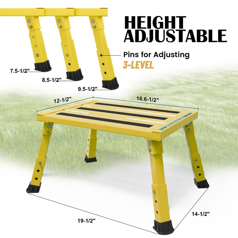 Marudina Large Platform RV Steps, 3-Level Adjustable Height Aluminum Folding