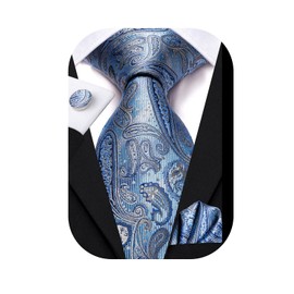 Hi-Tie Juego de corbatas de seda extra largas de 63 pulgadas y 70 pulgadas para hombres y gemelos cuadrados de bolsillo, corbata de cachemira, corbata de negocios, boda, Azul (Ice Blue), Medium