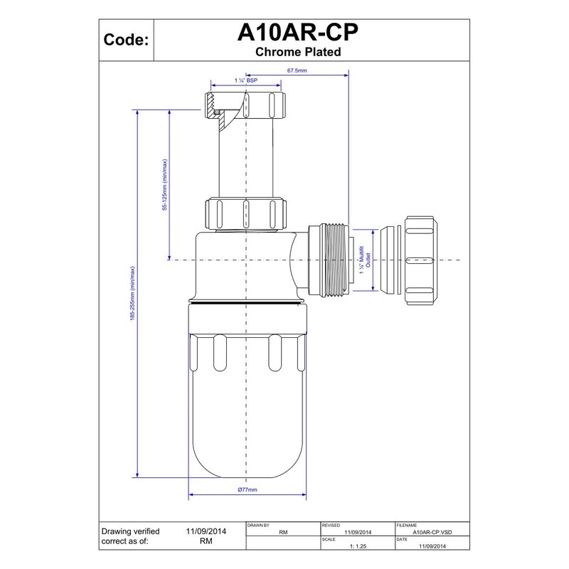 McAlpine A10AR-CP Chrome Plated Plastic Resealing Adjustable Inlet Bottle Trap-1.25
