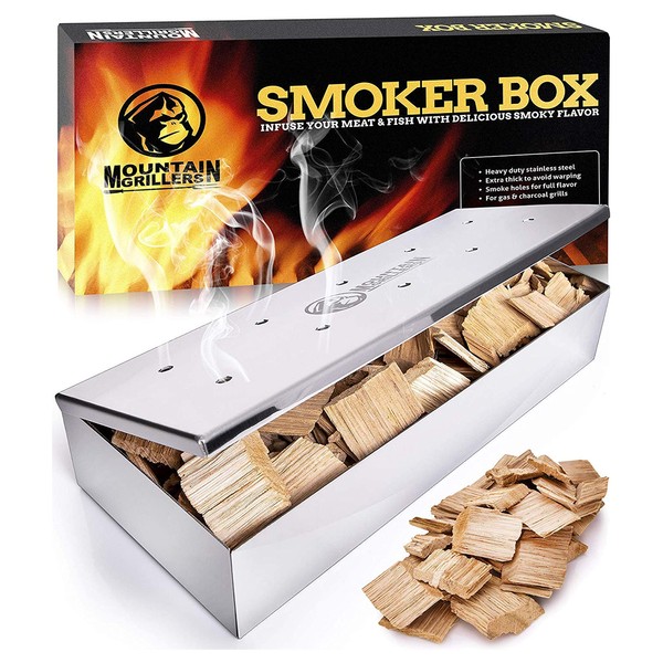 Mountain Grillers Smoker Box for Wood Chips Use a Gas or Charcoal BBQ Grill and Still Get That Delicious Smoky Barbecue Flavored Grilled Meat Hinged Lid for Easy Access polished finish stainless steel