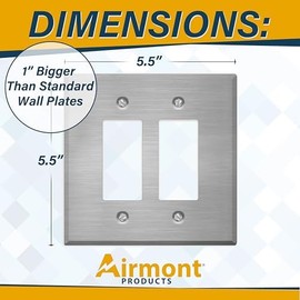 Oversized Stainless Steel Outlet Covers, 2-Gang Rocker Cover, 5.5" x 5.50" Jumbo Decorator Wall Plate, Stainless Steel Metal, Corrosive Resistant, Matching Screws Included, Made in USA