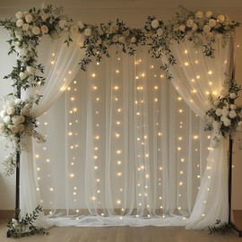 EMHOLDBU White Tulle Backdrop Curtain with Lights String 10x8ft Sheer Drapes for Wedding, Birthday, Baby Shower, Bridal Shower, Photo Booth, Party, Home Decor (2 Panels, White)