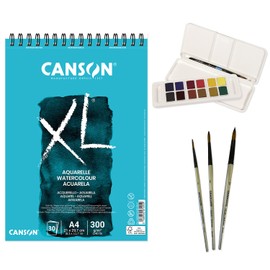Canson XL Aquarelle A4 Pack with 30 Sheets, Watercolour 12 Aquafine Travel Set Daler Rowney and 3 Round Brushes, Complete Professional Watercolor Set for All Ages – Ofituria