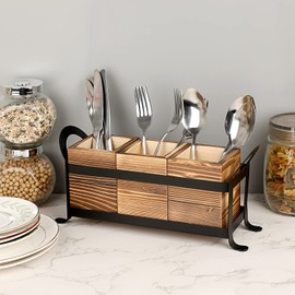 SUMNACON 3-Piece Cutlery Tray Wooden Metal Cutlery Basket Cutlery Holder Utensil Holder Wooden Cutlery Metal Frame Spoon Holder Pottery Organiser Worktop Kitchen Table Cabinet Kitchen Brown
