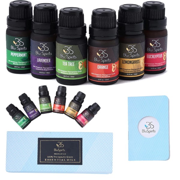 Essential Oils Set -BluSpirits 6 Piece Organic Blends For Diffusers, Therapeutic, Aromatherapy, Humidifiers, Home Care, Fragrance Gifts - Peppermint, Tea Tree, Lavender, Eucalyptus, Lemongrass, Orange
