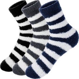 Geyoga 3 Pairs Men Cosy Bed Socks Fluffy Home Socks Elastic Winter Fuzzy Socks Comfy Warm Soft Fleece Socks(Black and White Stripes,L)