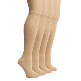 Hugh Ugoli Women's Bamboo Knee High Socks | Comfort Seam Long Dress Socks, Soft & Lightweight | 4 Pairs, Beige, Shoe Size: 8-11